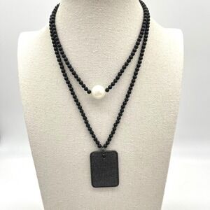 Layering Black Beaded Necklace With Black Pave Dog Tag Pendant